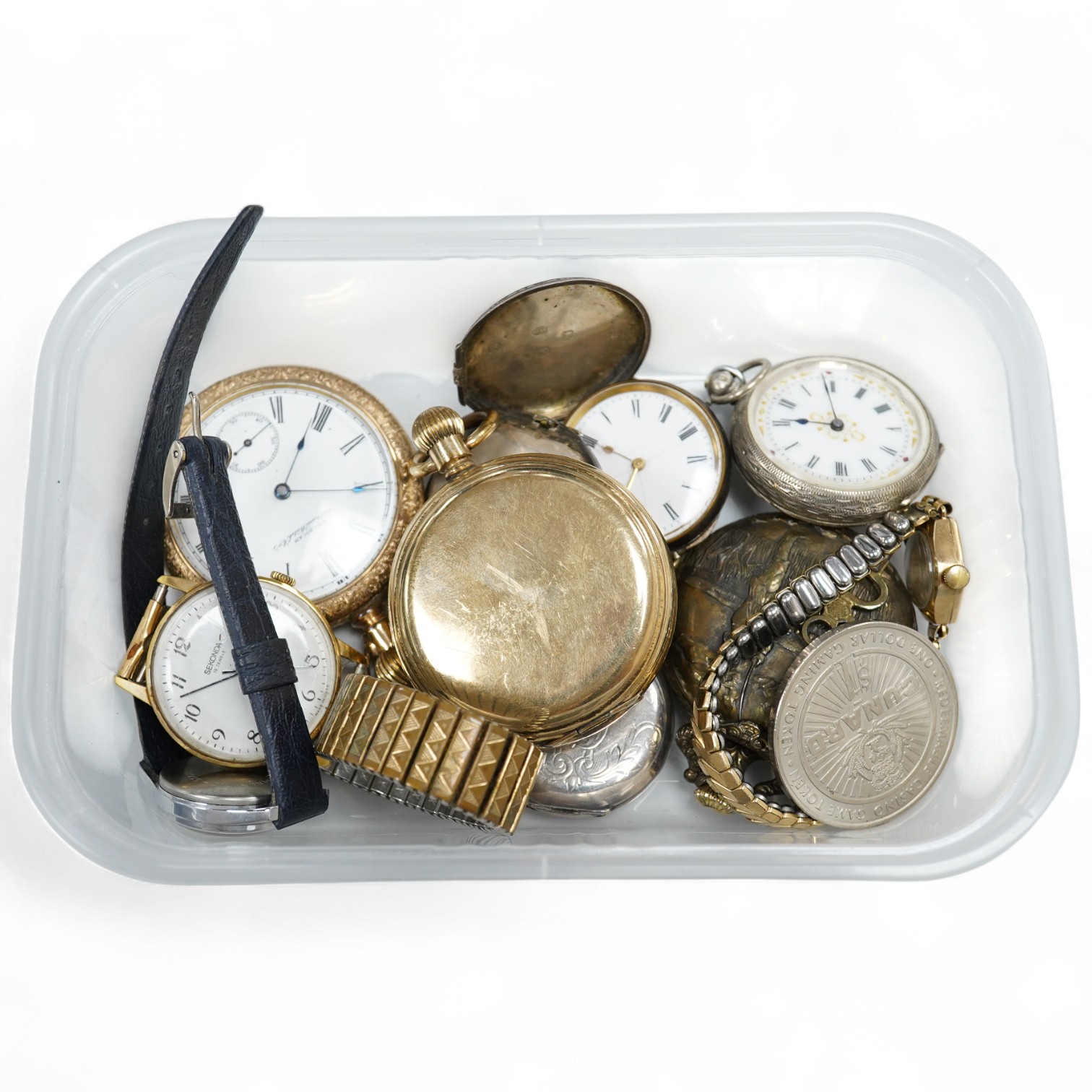 Seven assorted pocket and fob watches including a gold plated hunter by Thomas Russell & Son and an open faced Waltham, together with four other items including three wrist watches.